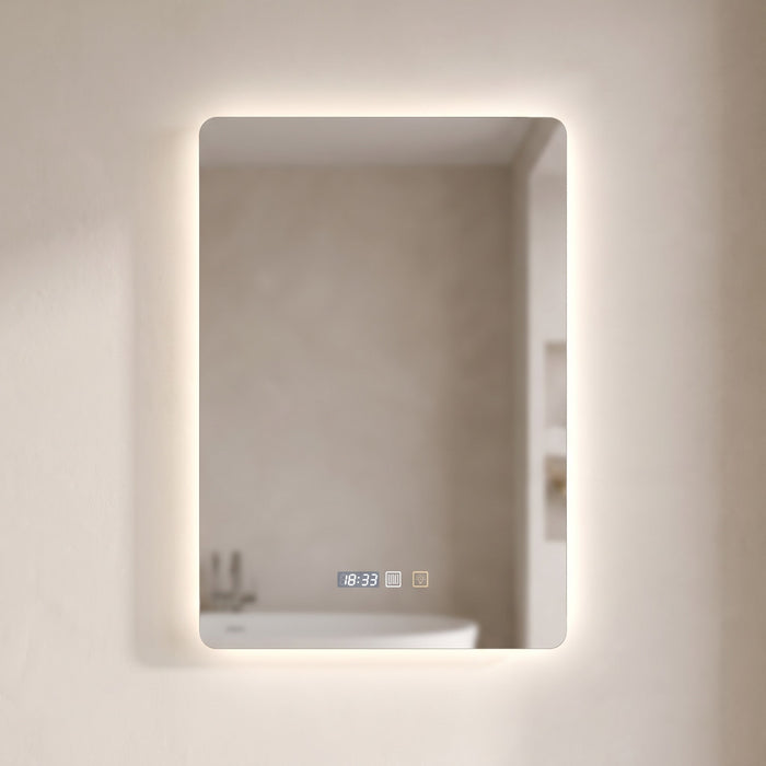 Chronvelle backlit LED bathroom mirror with time display on a warm plaster wall