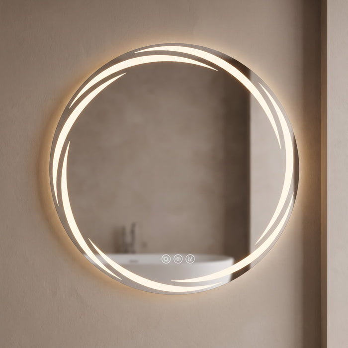 Halora round swirl LED mirror glowing on a warm plaster wall