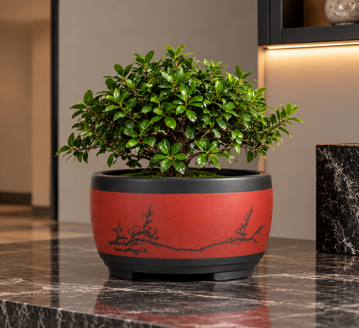 Elvane Etched Porcelain Bonsai Pot Red Ø-21 CM X H-12 CM Caelvorne