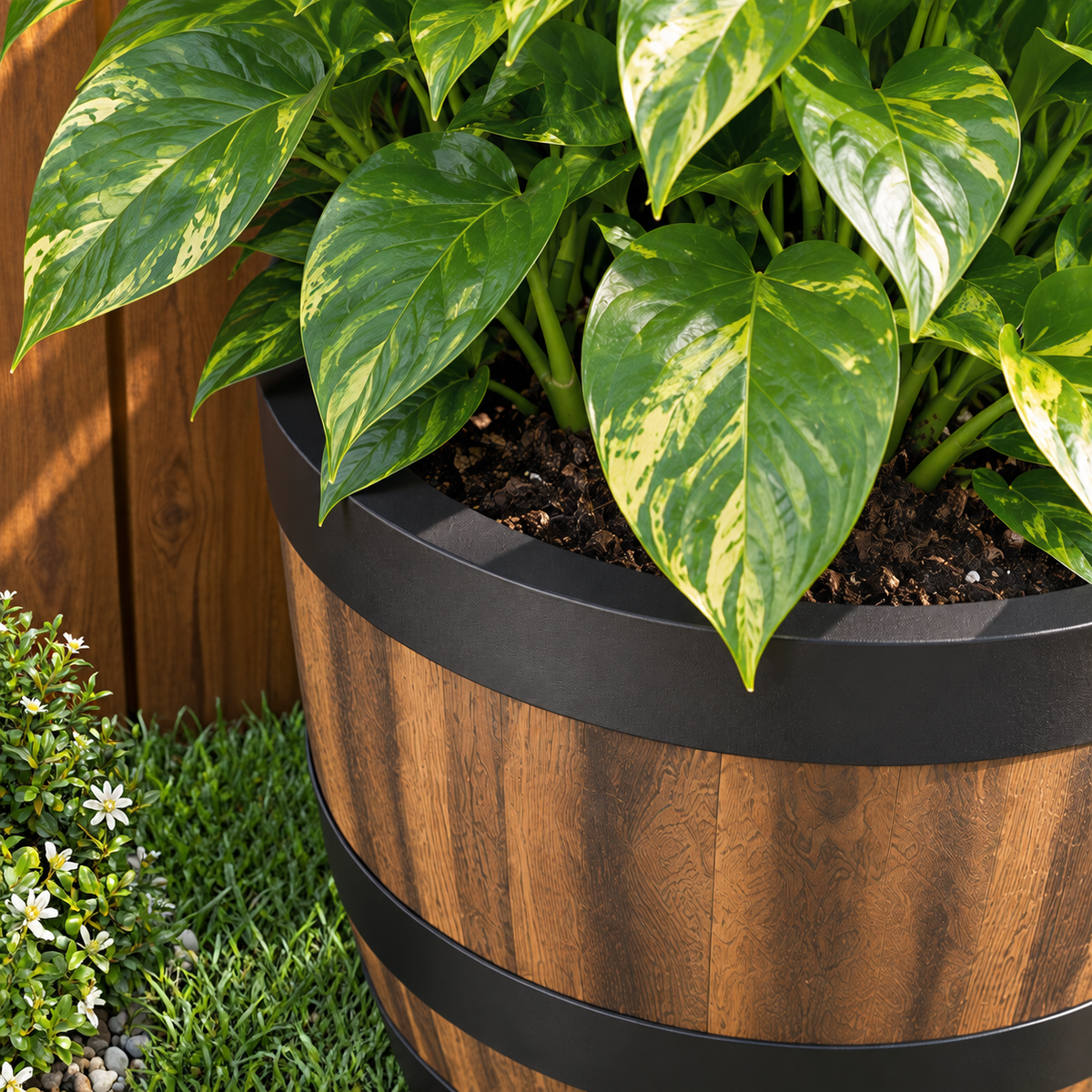 Ambervale Wood-Effect Barrel Plant Pot Caelvorne