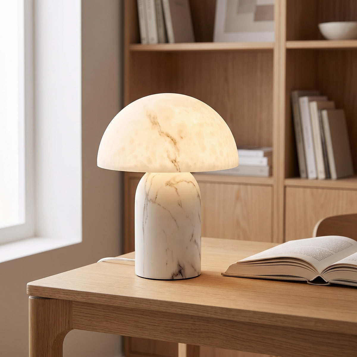Aurisa mushroom lamp on an oak desk