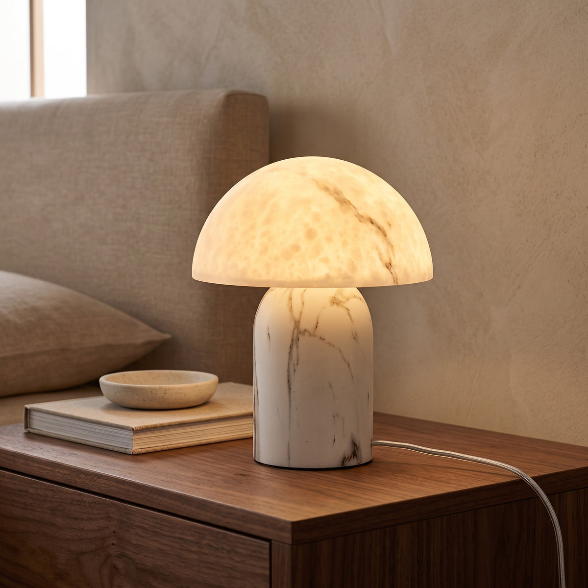 Aurisa mushroom lamp on a walnut bedside table