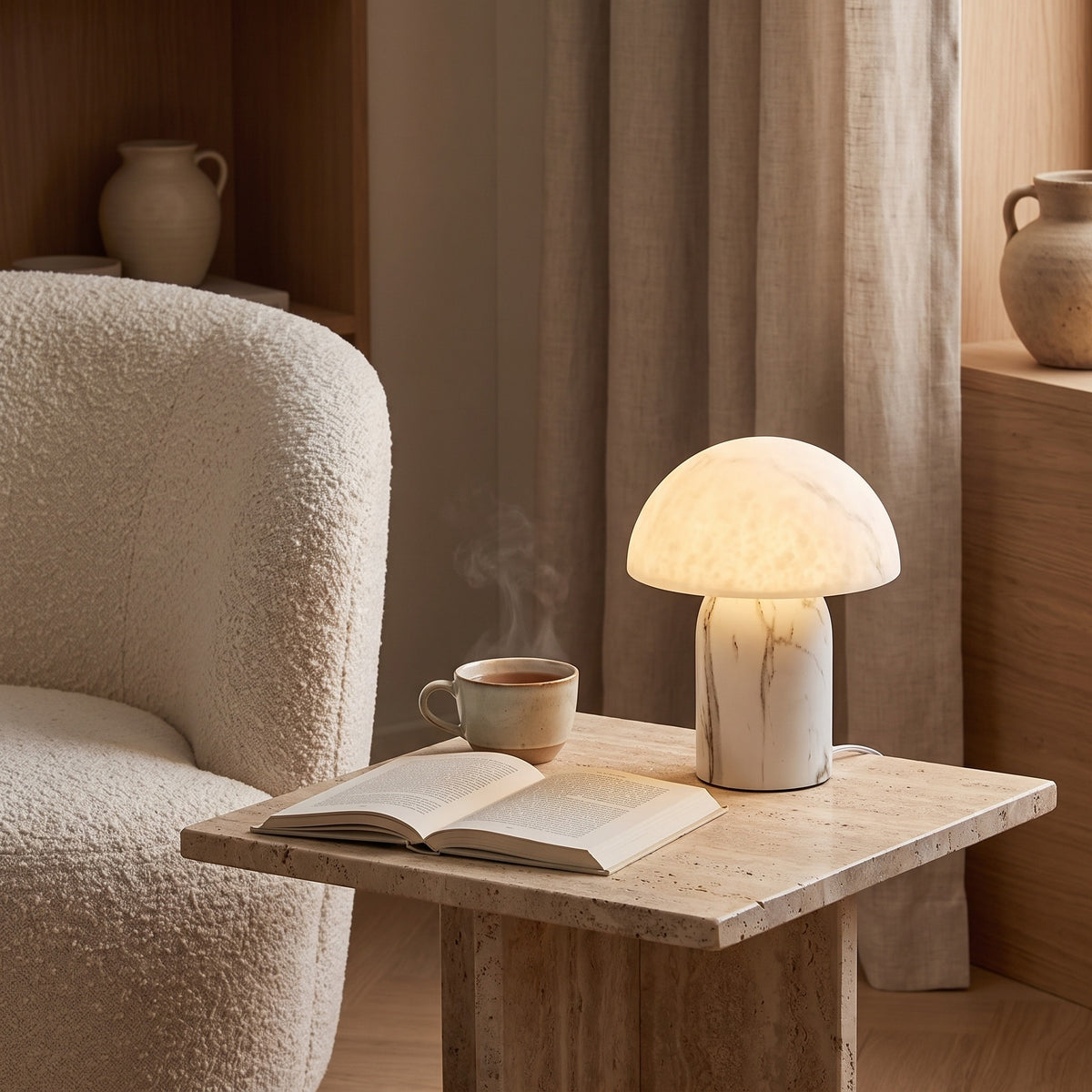 Aurisa mushroom lamp in a reading corner beside an armchair