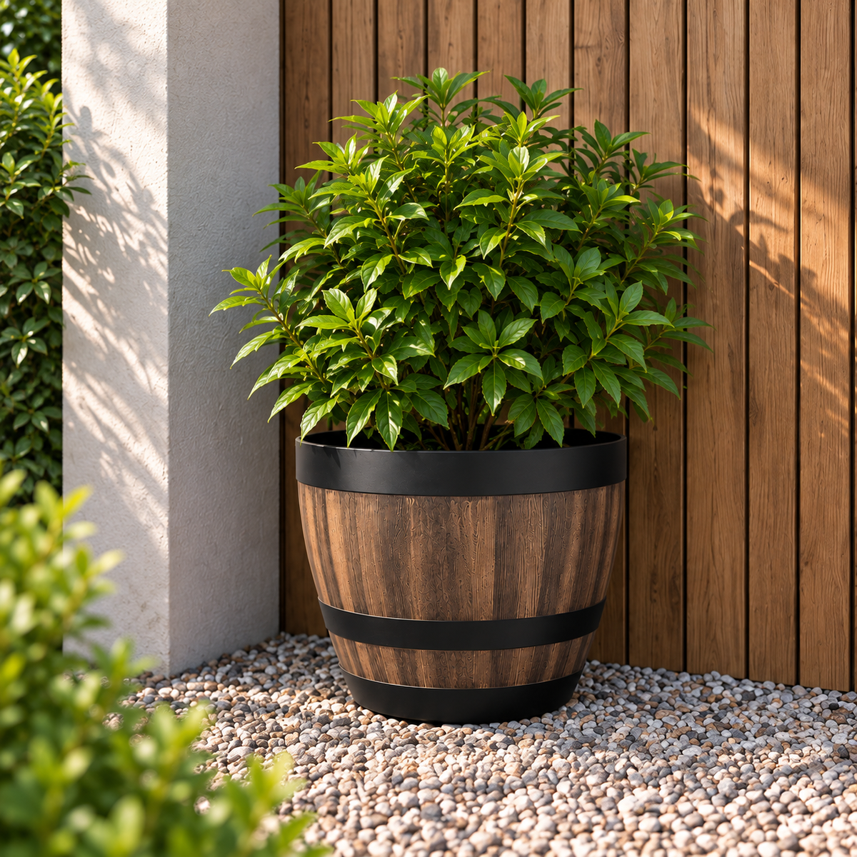 Ambervale Wood-Effect Barrel Plant Pot Caelvorne