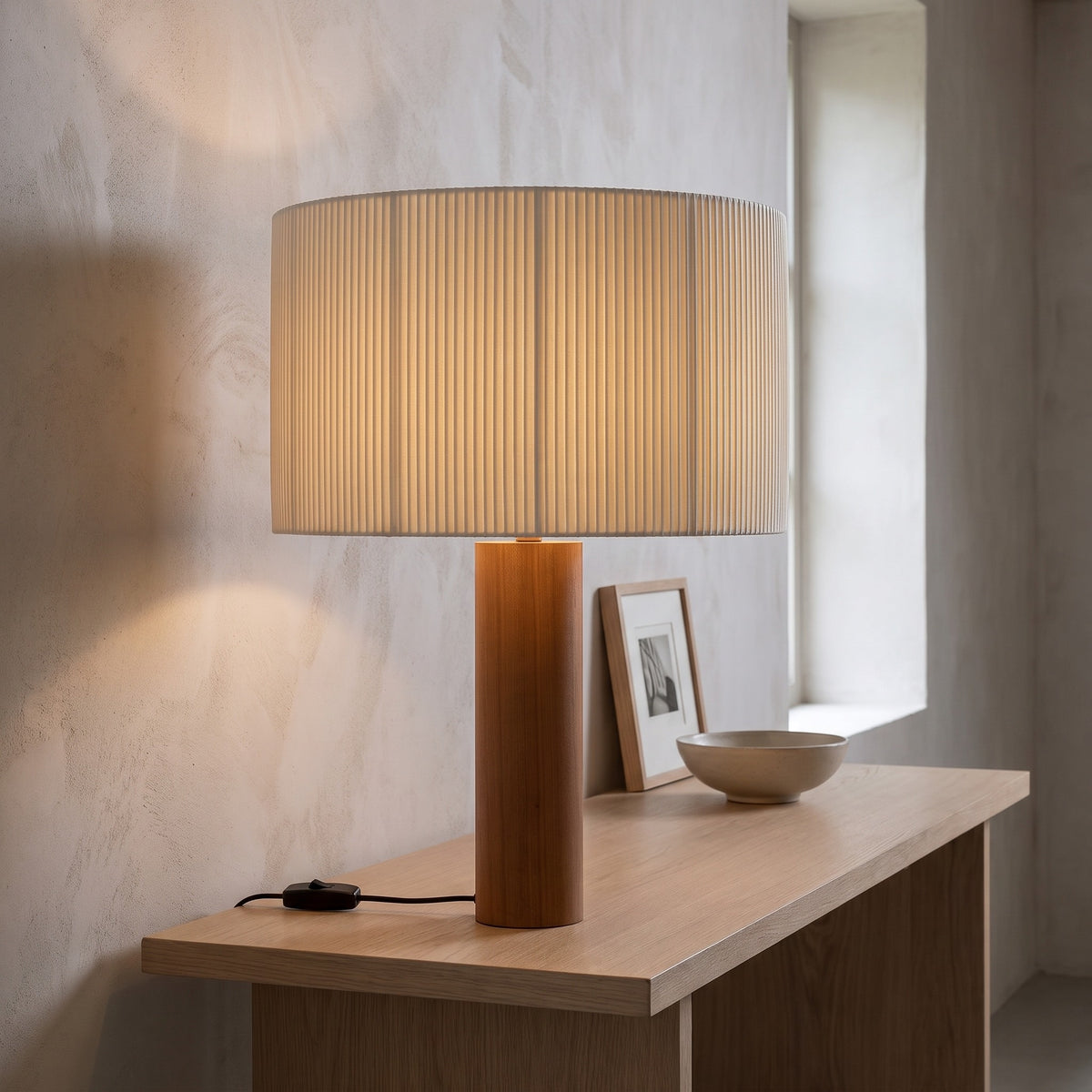 Brisenne wooden table lamp on an oak console table
