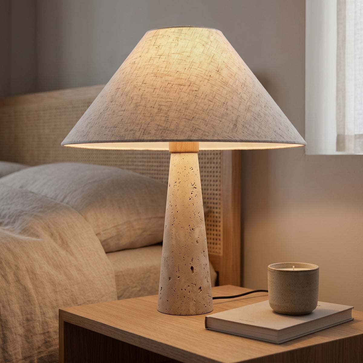 Cairnell travertine lamp on a bedside table