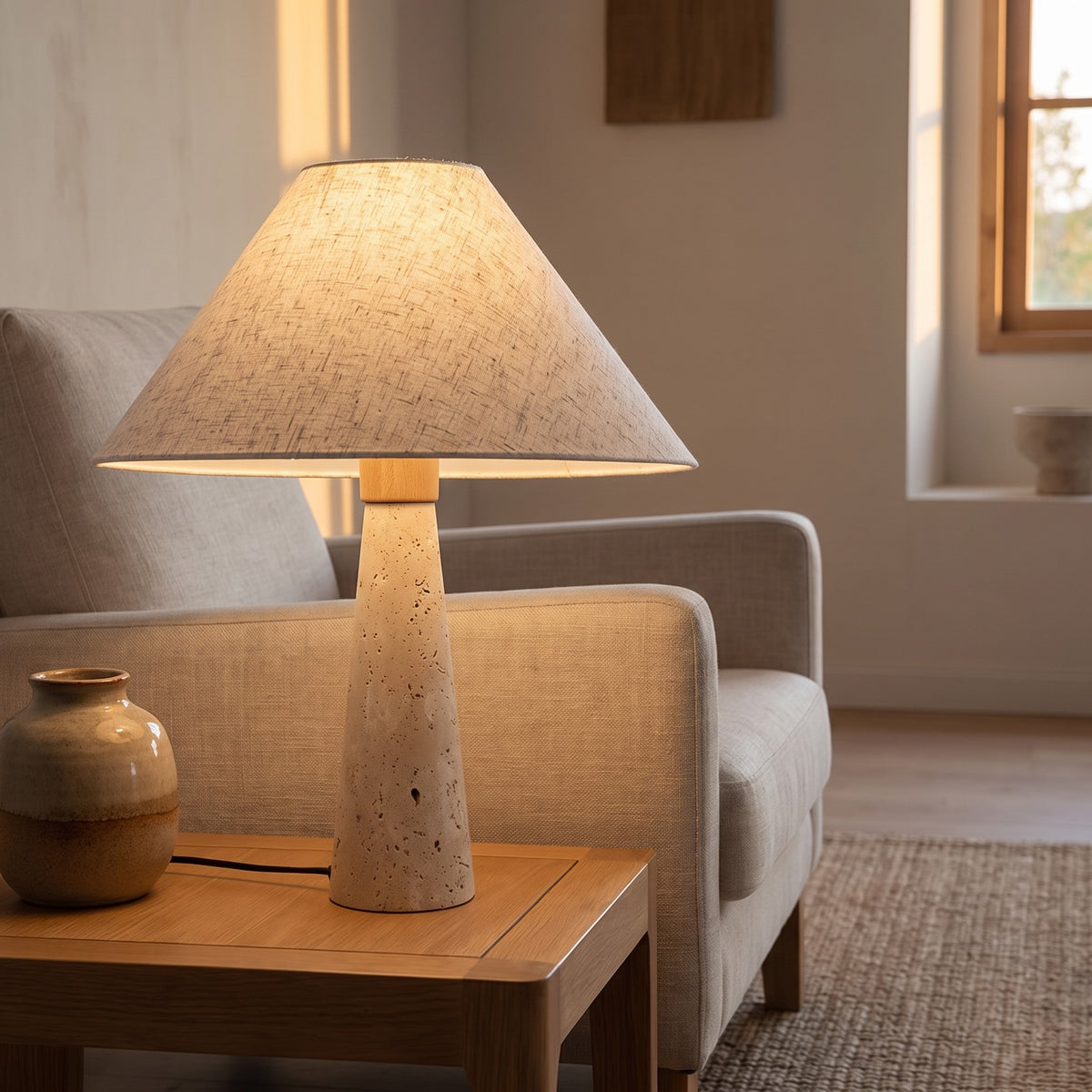 Cairnell travertine lamp beside a linen armchair