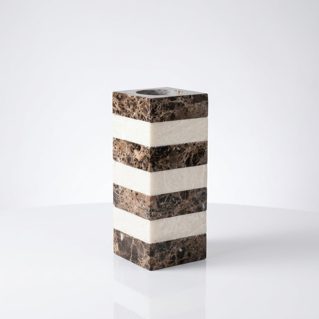 Cavelle Marble & Cowhide Vase Brown Marble – 12 × 12 × H29 CM Caelvorne