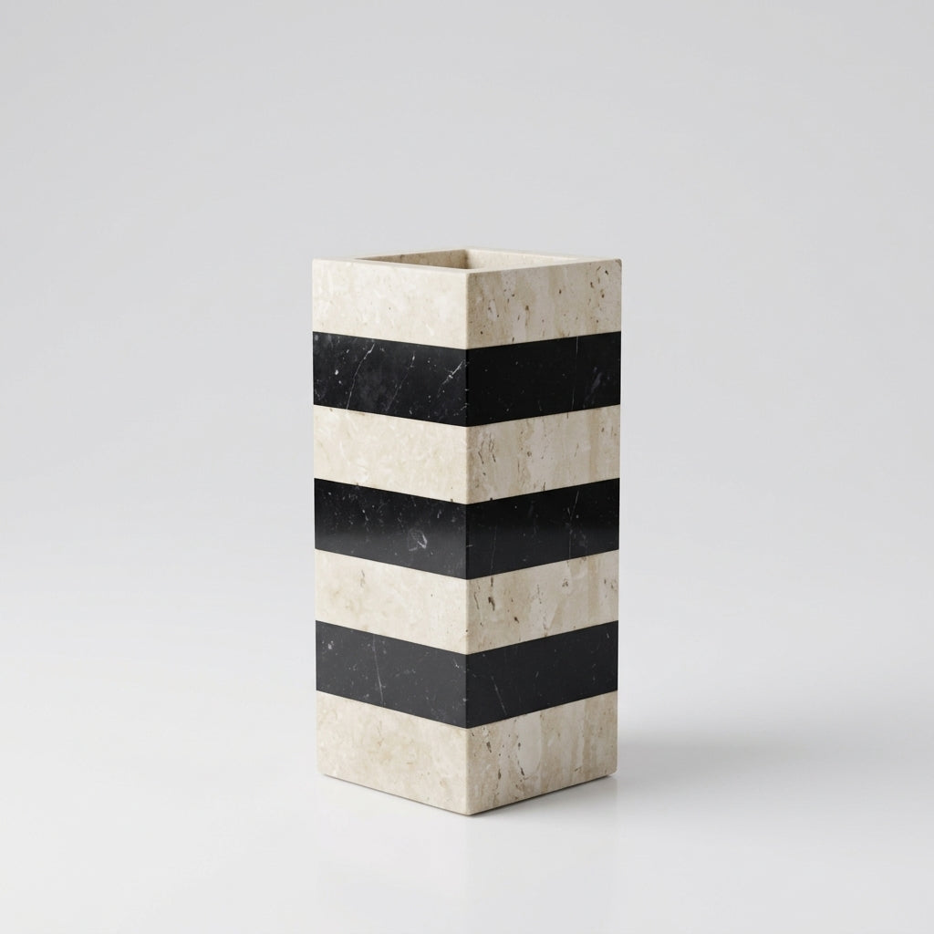 Cavelle Marble & Cowhide Vase Cream Marble – 12 × 12 × H29 CM Caelvorne