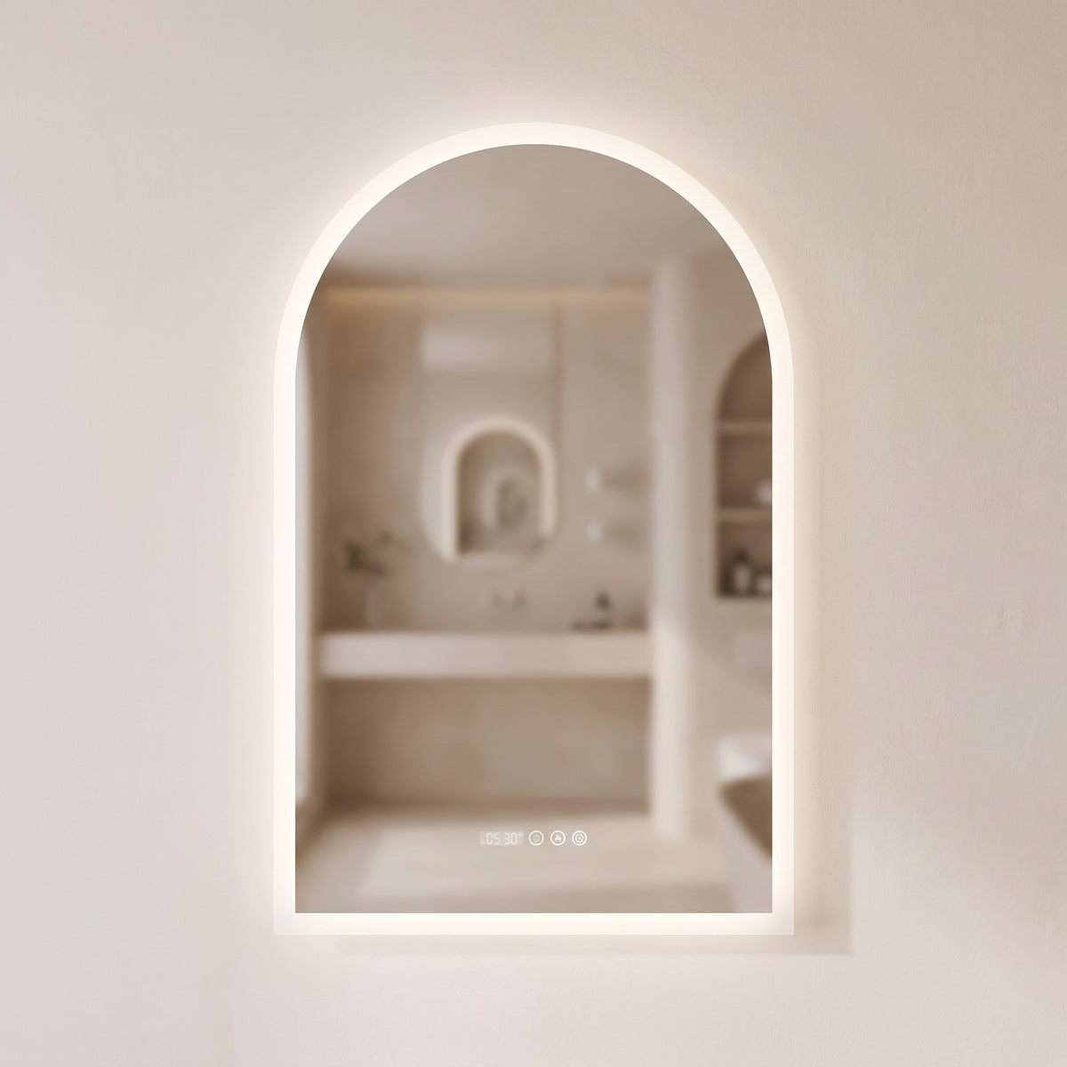 Celestra arched LED bathroom mirror on a warm plaster wall