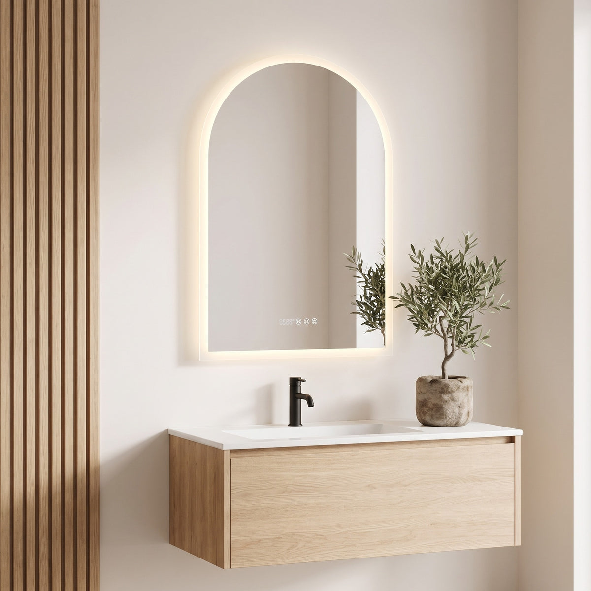 Celestra arched LED mirror above a wall-hung oak vanity