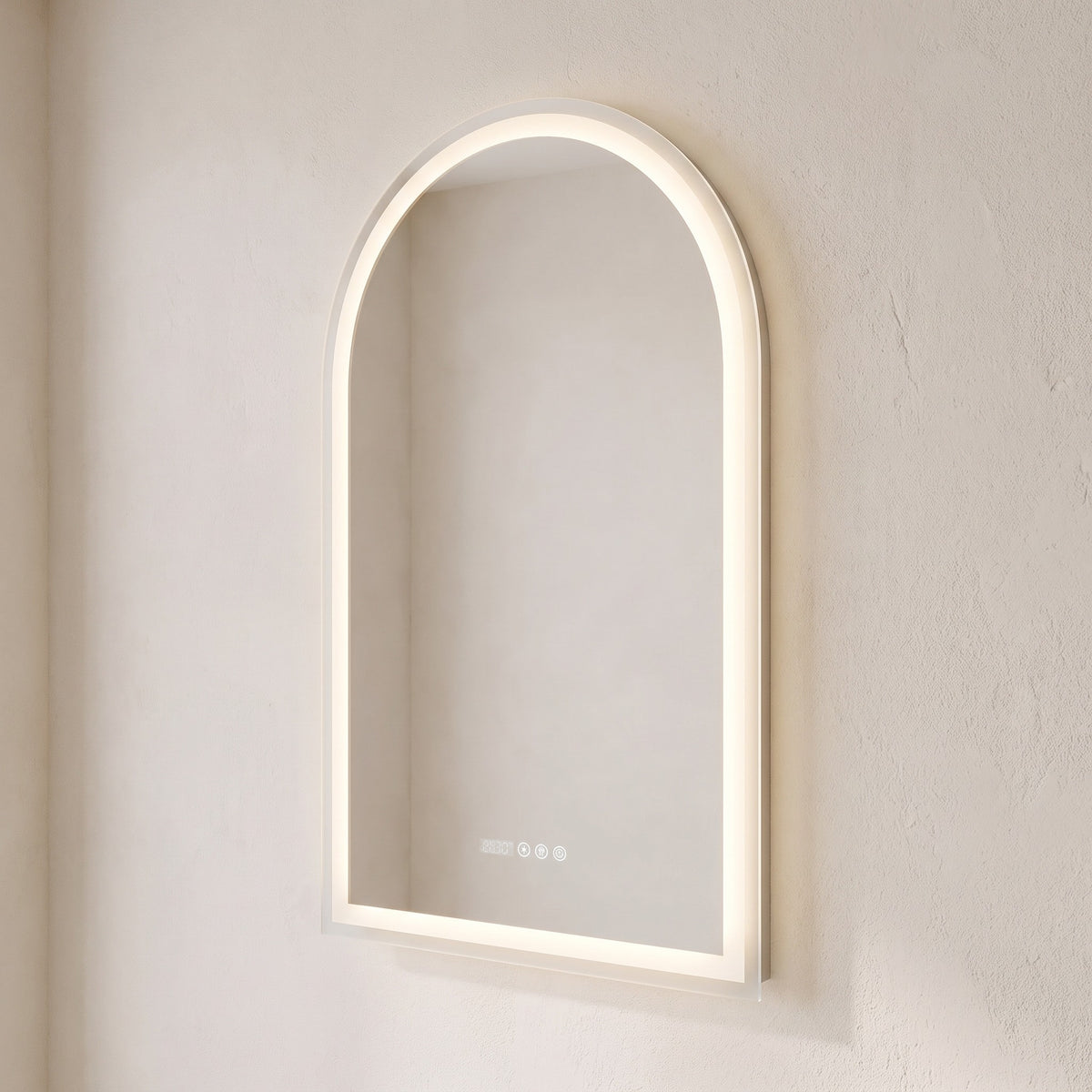 Celestra arched LED mirror, angled view of the frosted light edge