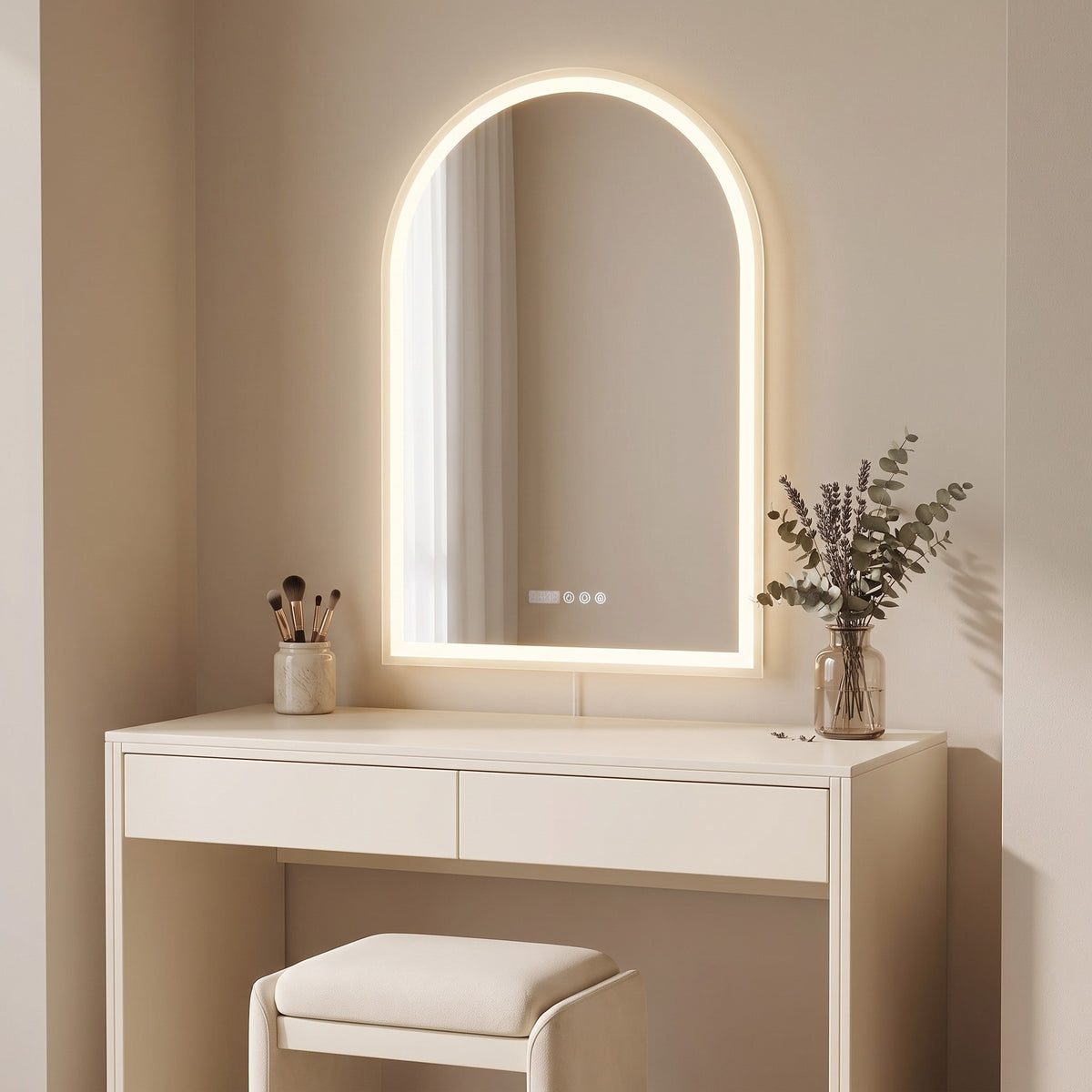 Celestra arched LED mirror above a dressing table
