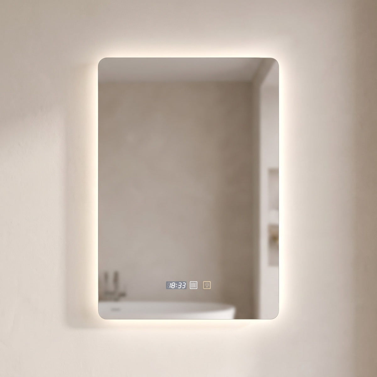 Chronvelle backlit LED bathroom mirror with time display on a warm plaster wall