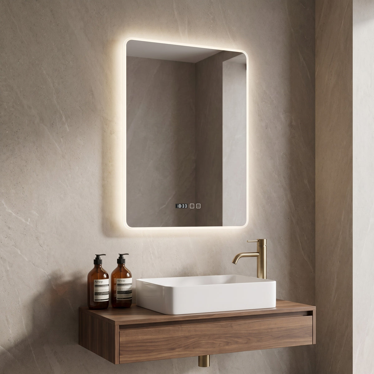 Chronvelle LED mirror above a vessel basin on a walnut vanity