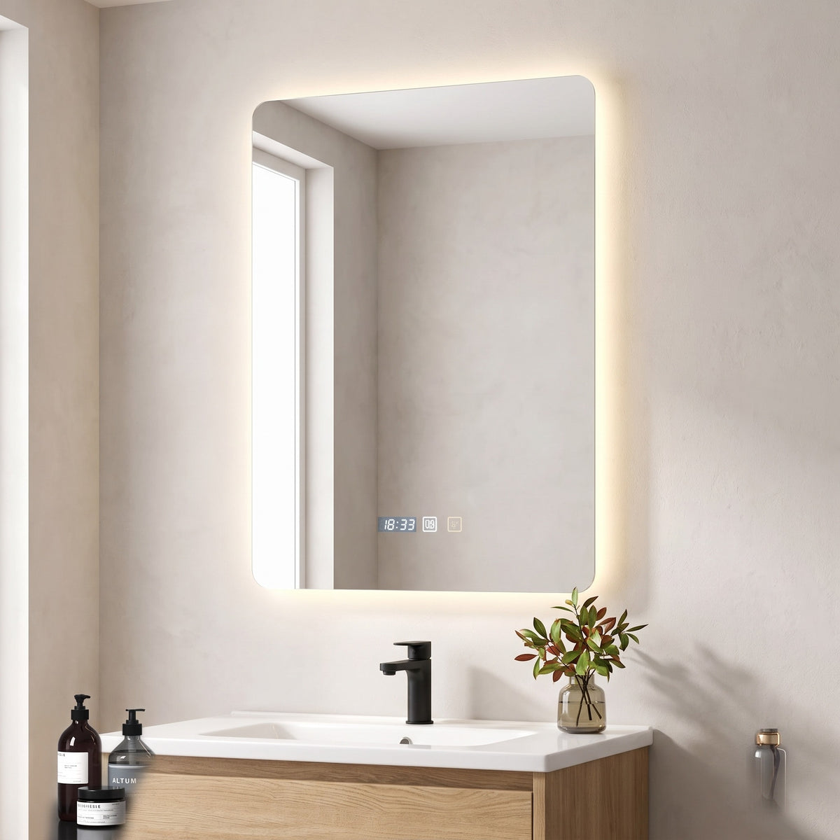 Chronvelle LED mirror in a bright bathroom above an oak vanity
