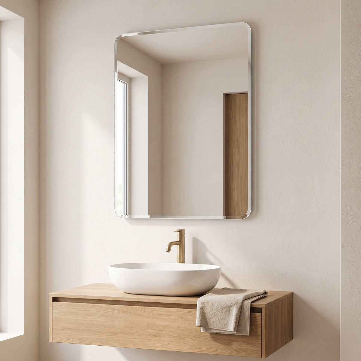 Curvelle frameless mirror above a vessel basin on an oak vanity
