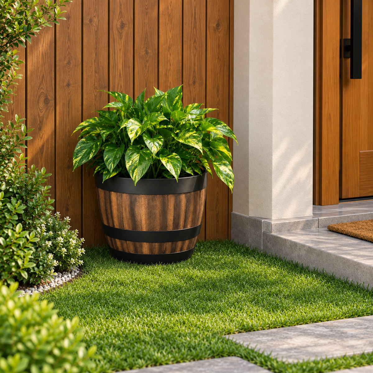 Ambervale Wood-Effect Barrel Plant Pot Caelvorne