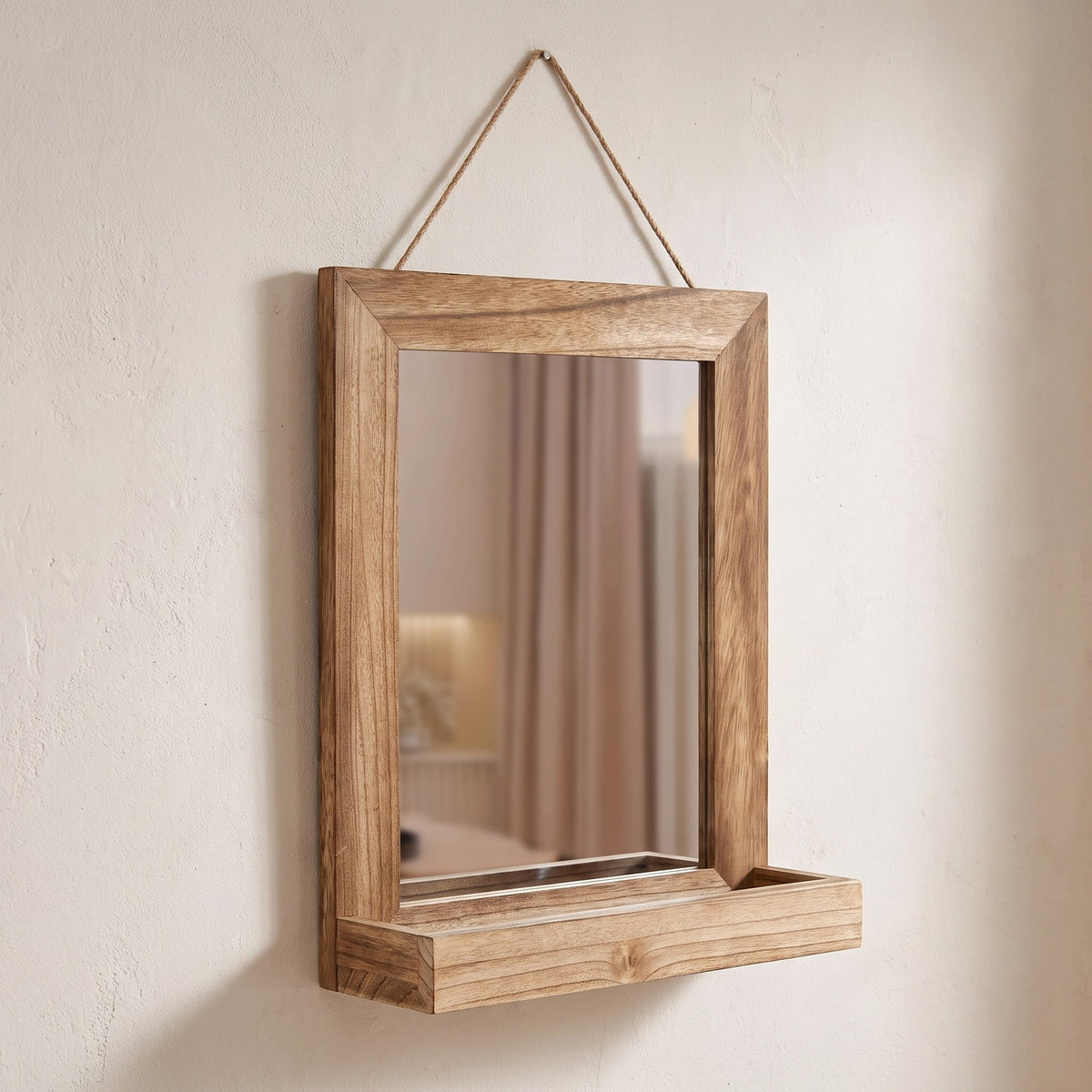 Fernley wooden mirror, angled view of the frame depth and ledge shelf