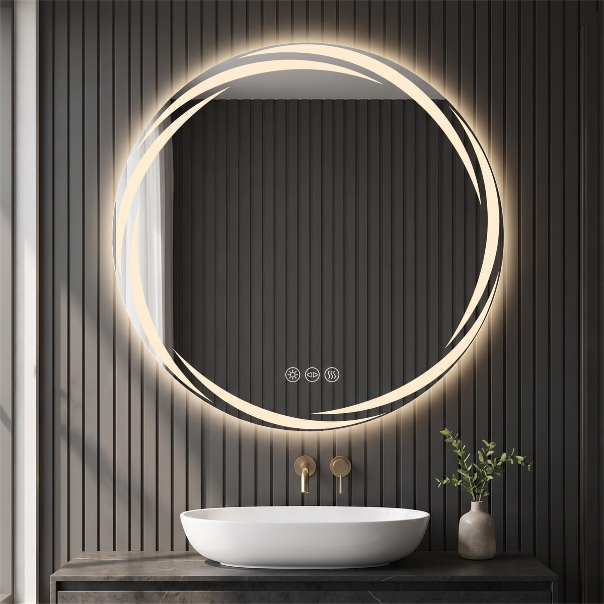 Halora round LED mirror above a vessel basin with dark fluted panels