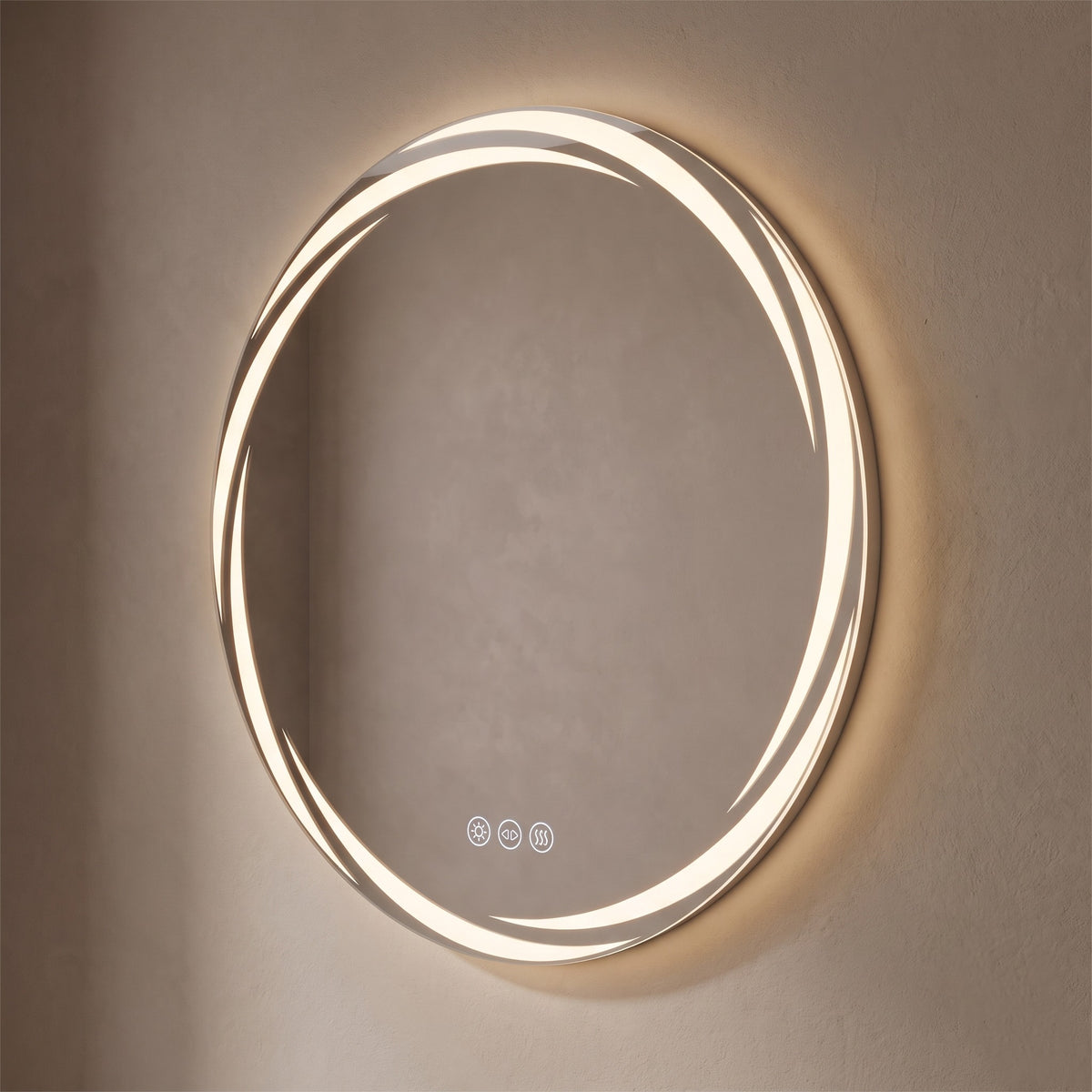 Halora round LED mirror, angled view of the slim frameless profile