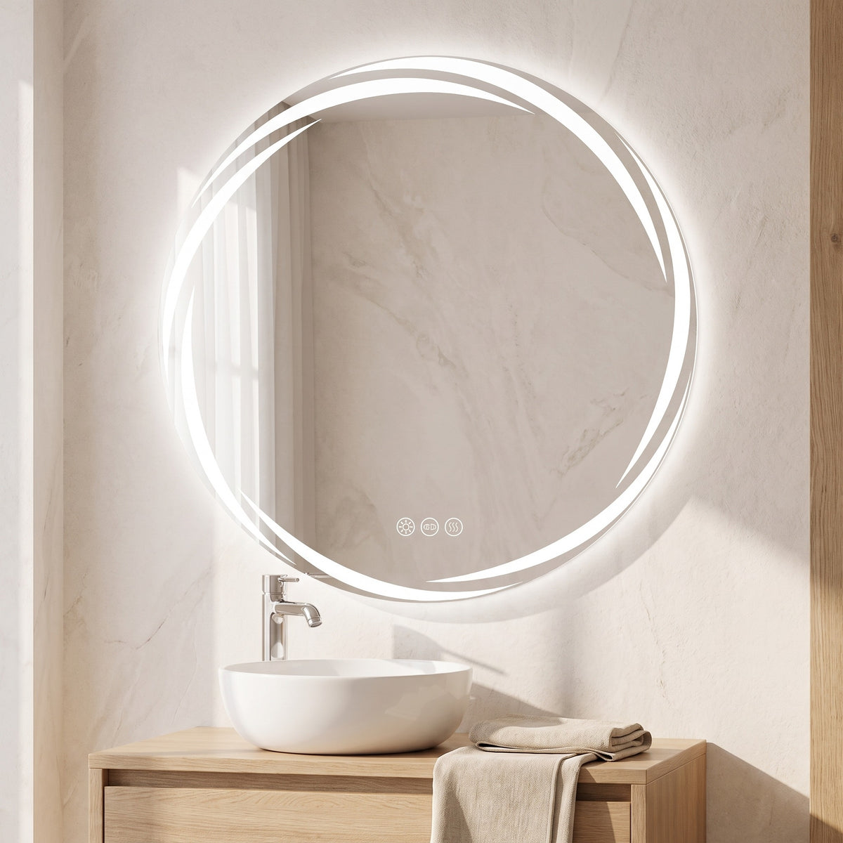 Halora round LED mirror in a bright bathroom above an oak vanity