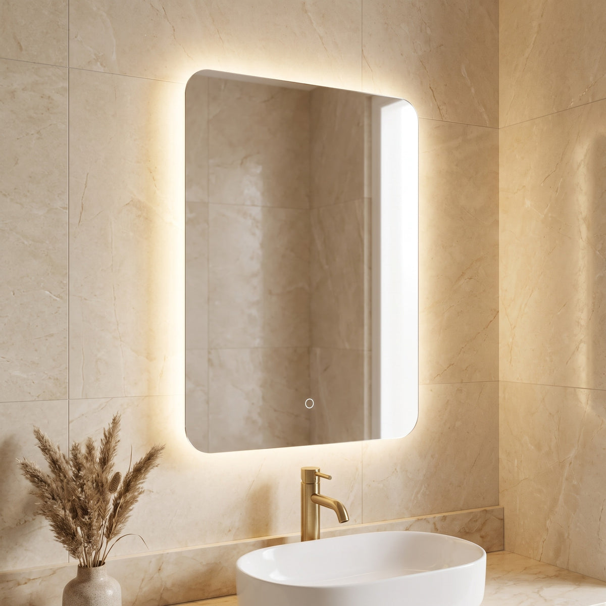 Halvane LED mirror above a basin in a cream marble bathroom