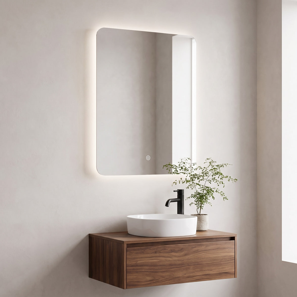 Halvane LED mirror above a walnut vanity in a cloakroom