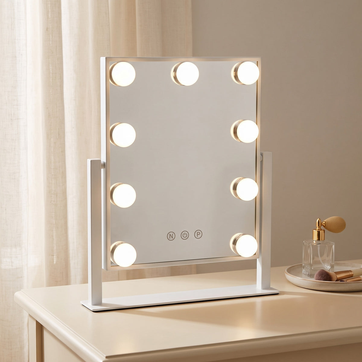 Lumelle lit vanity mirror on a bedroom dressing table