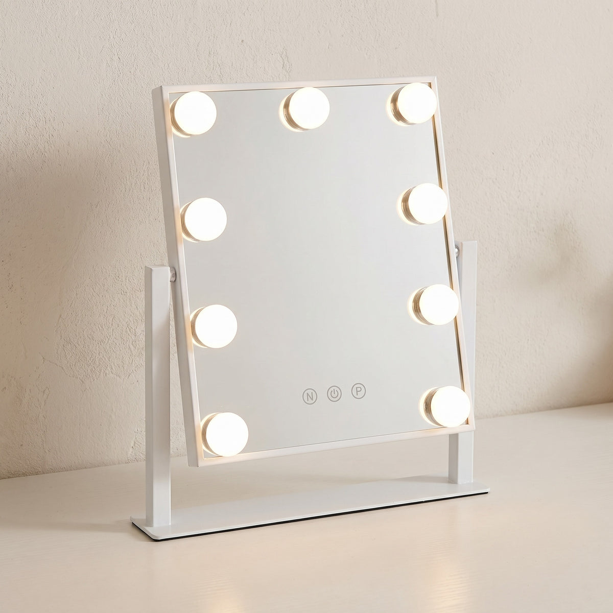 Lumelle vanity mirror, angled view of the tilting stand