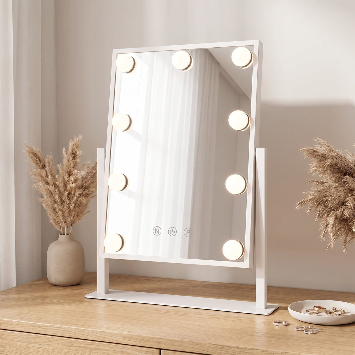 Lumelle Hollywood mirror on an oak dressing table in daylight