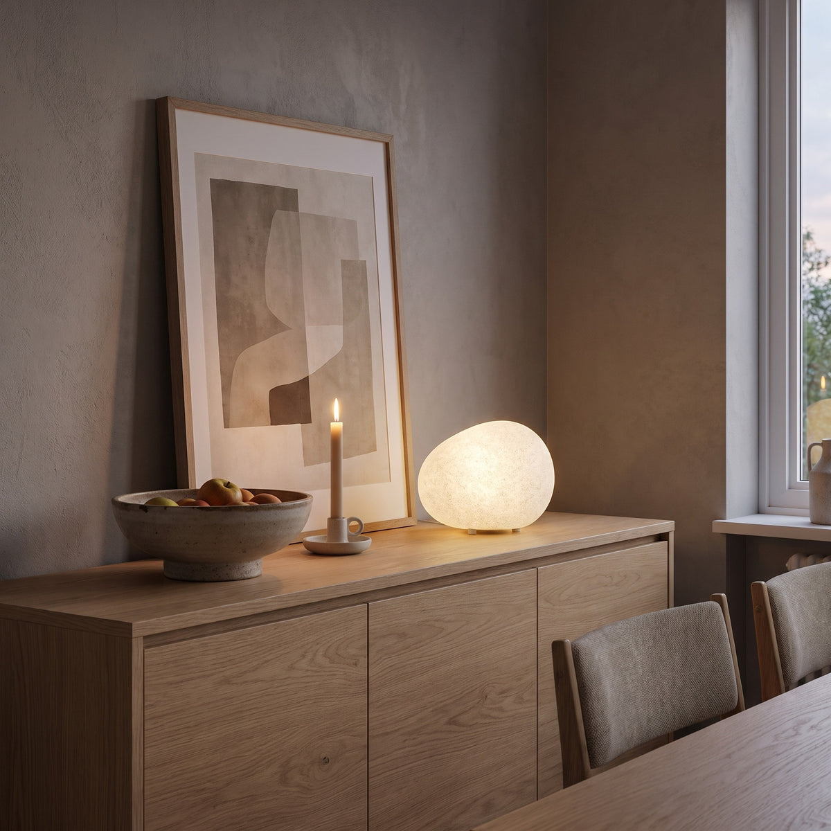 Lunara pebble lamp on a dining room sideboard