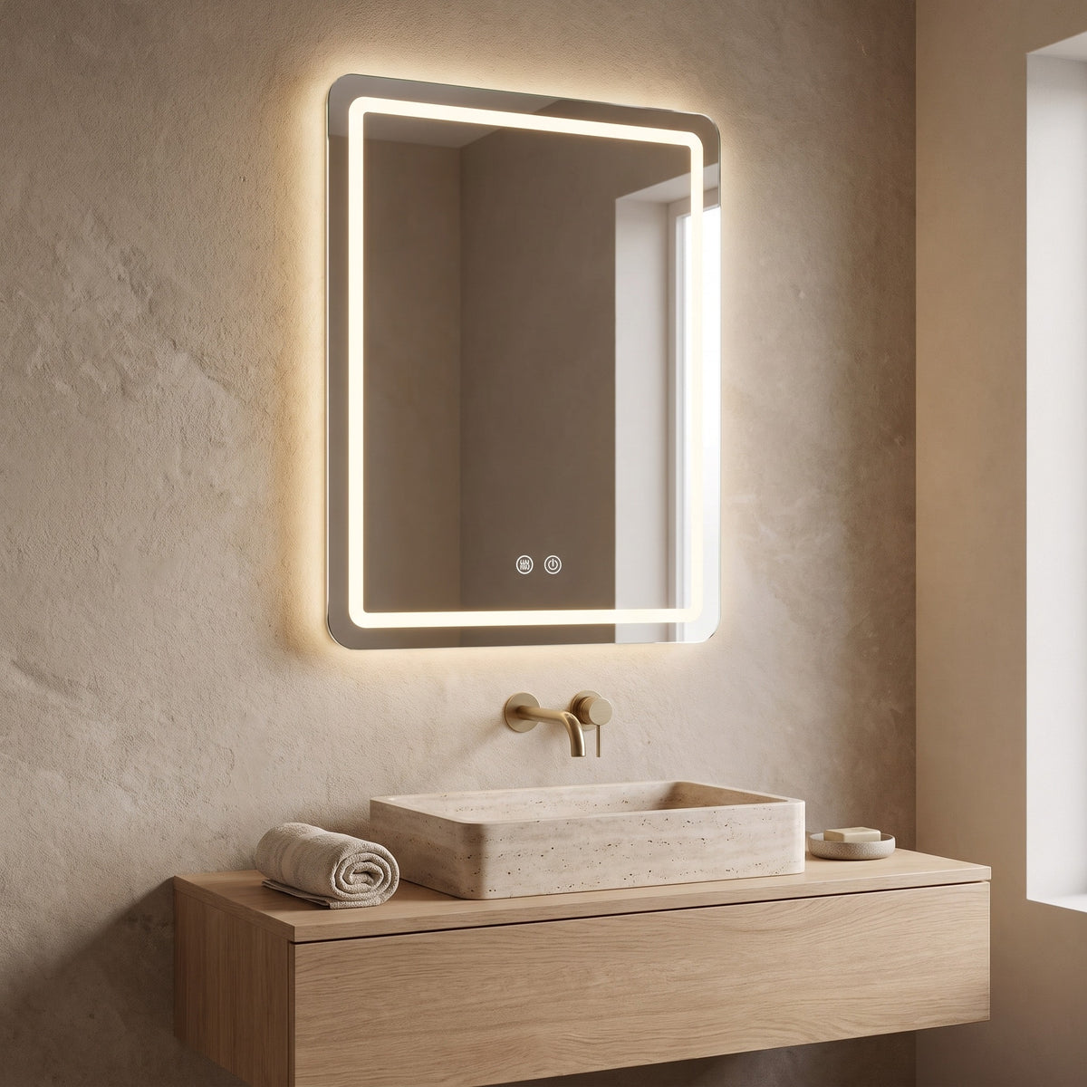 Luvelle LED mirror above a travertine basin on an oak vanity