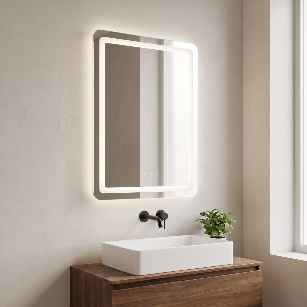 Luvelle LED mirror above a walnut vanity in a bright bathroom
