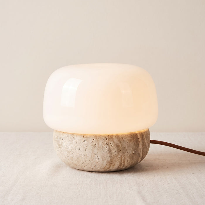 Morella travertine mushroom lamp with white glass shade