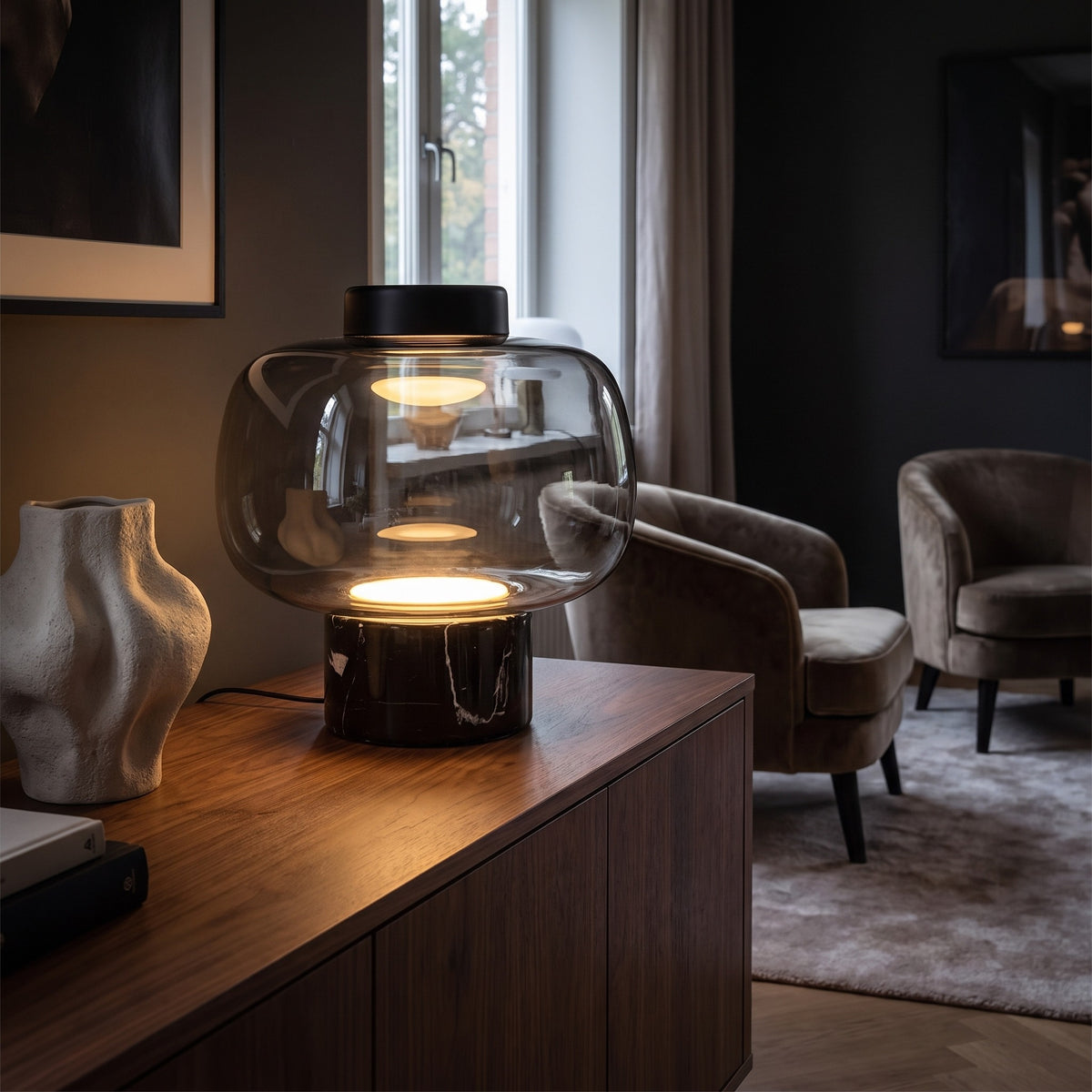 Nocturne Smoked Glass Table Lamp Caelvorne