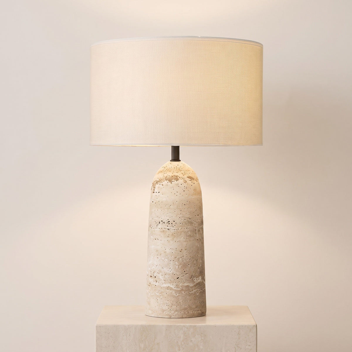 Ostara travertine table lamp with fabric drum shade