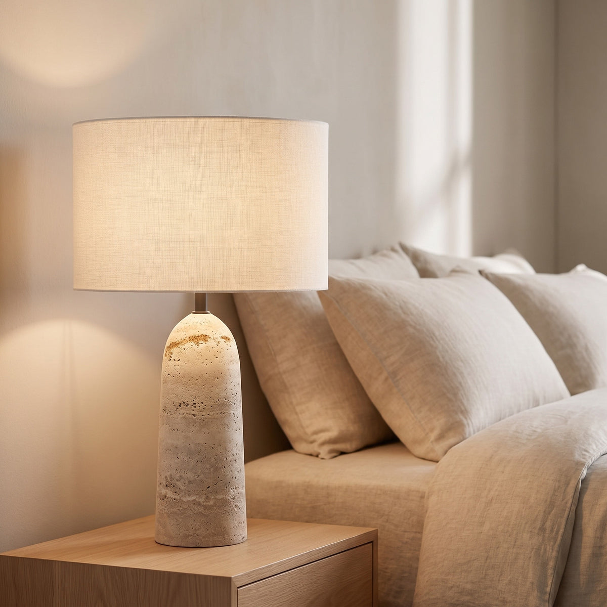 Ostara travertine lamp on a bedside table