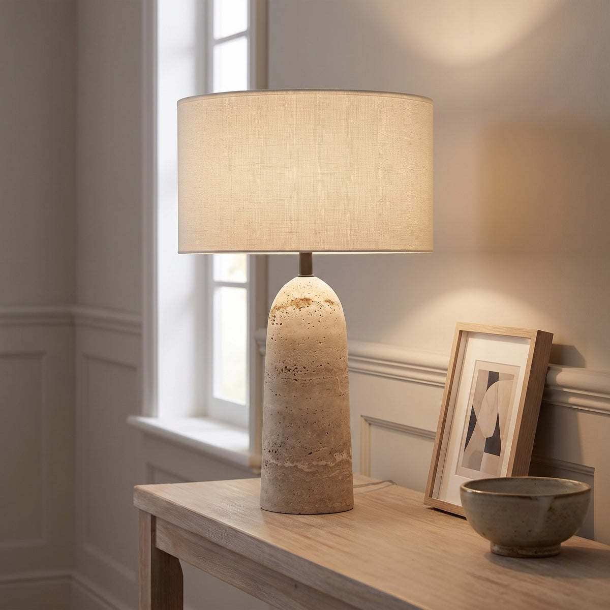 Ostara travertine lamp on a hallway console