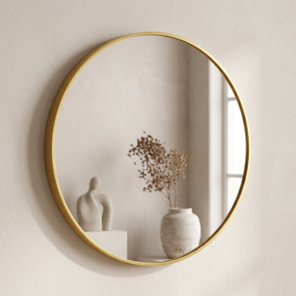 Aurelle gold round mirror, angled view