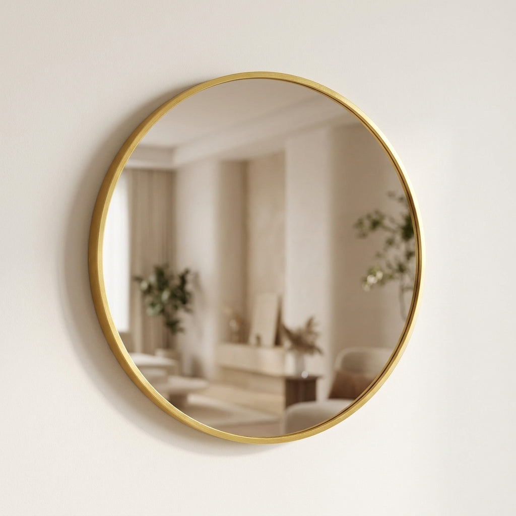Aurelle round gold-framed wall mirror on a premium wall