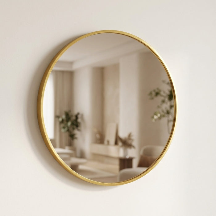 Aurelle round gold-framed wall mirror on a premium wall