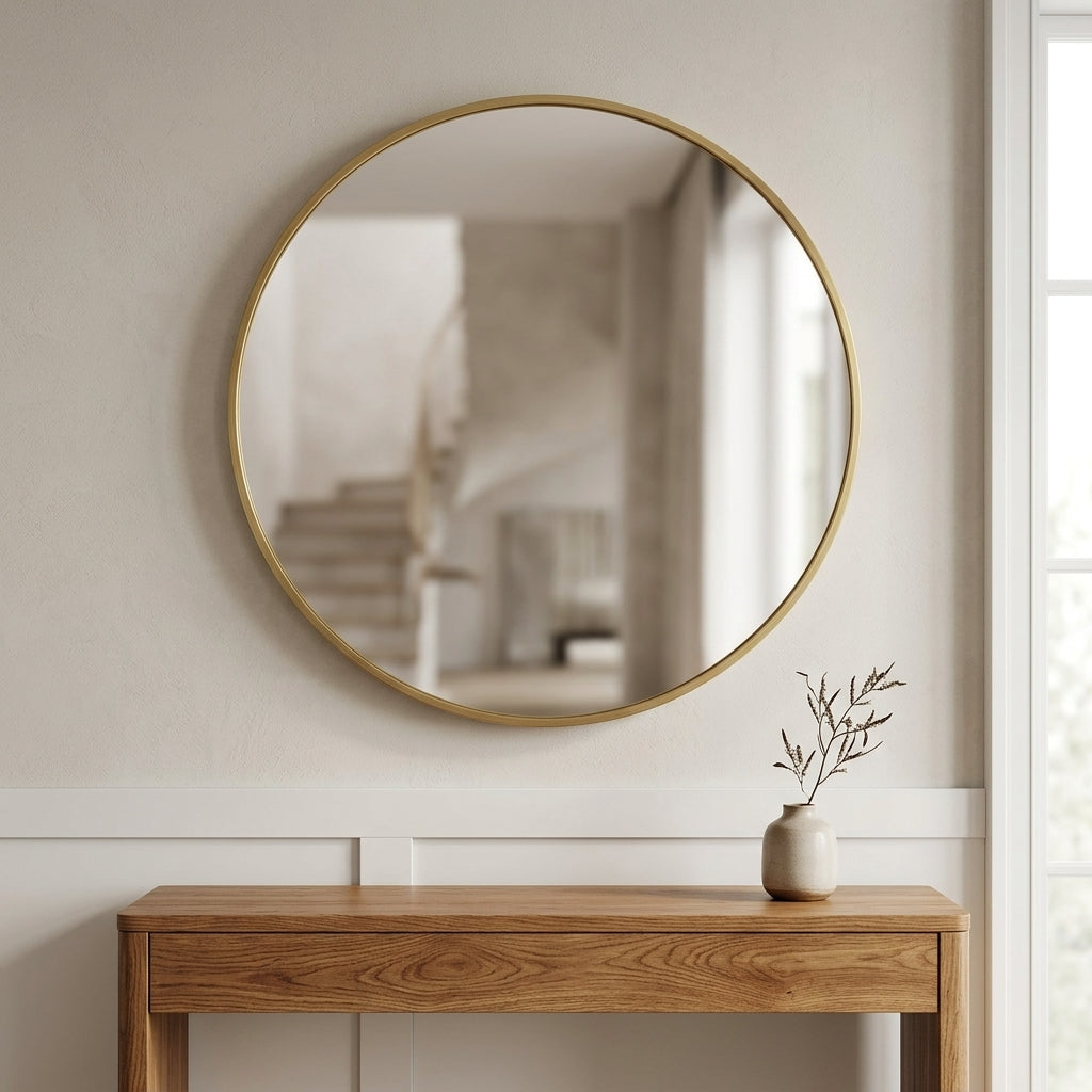 Aurelle gold round mirror above a hallway console