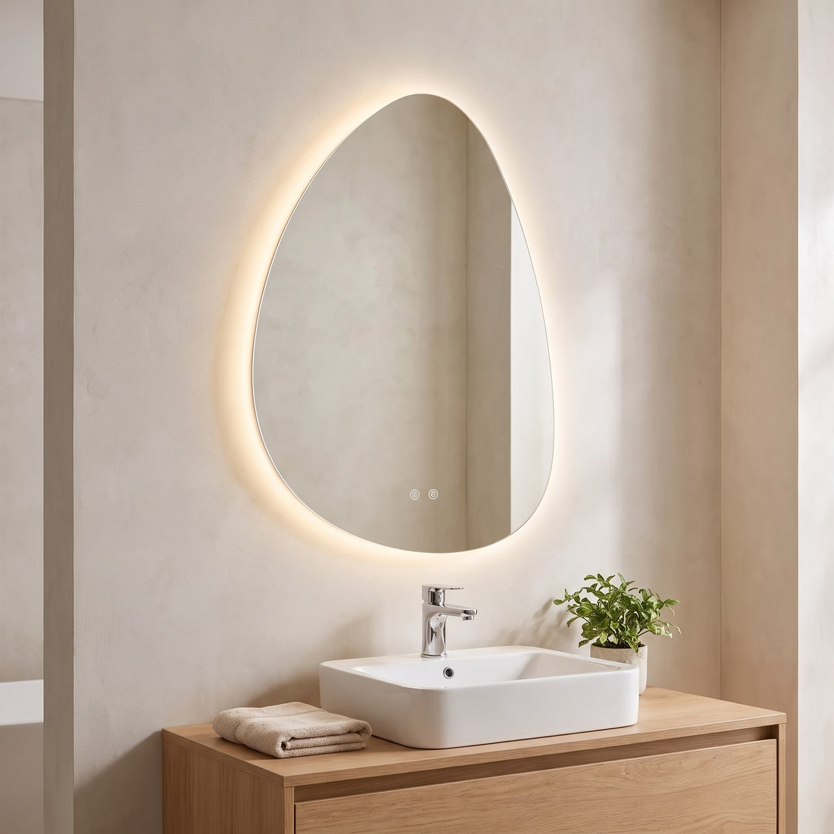 Pellora pebble LED mirror in a bright bathroom above an oak vanity