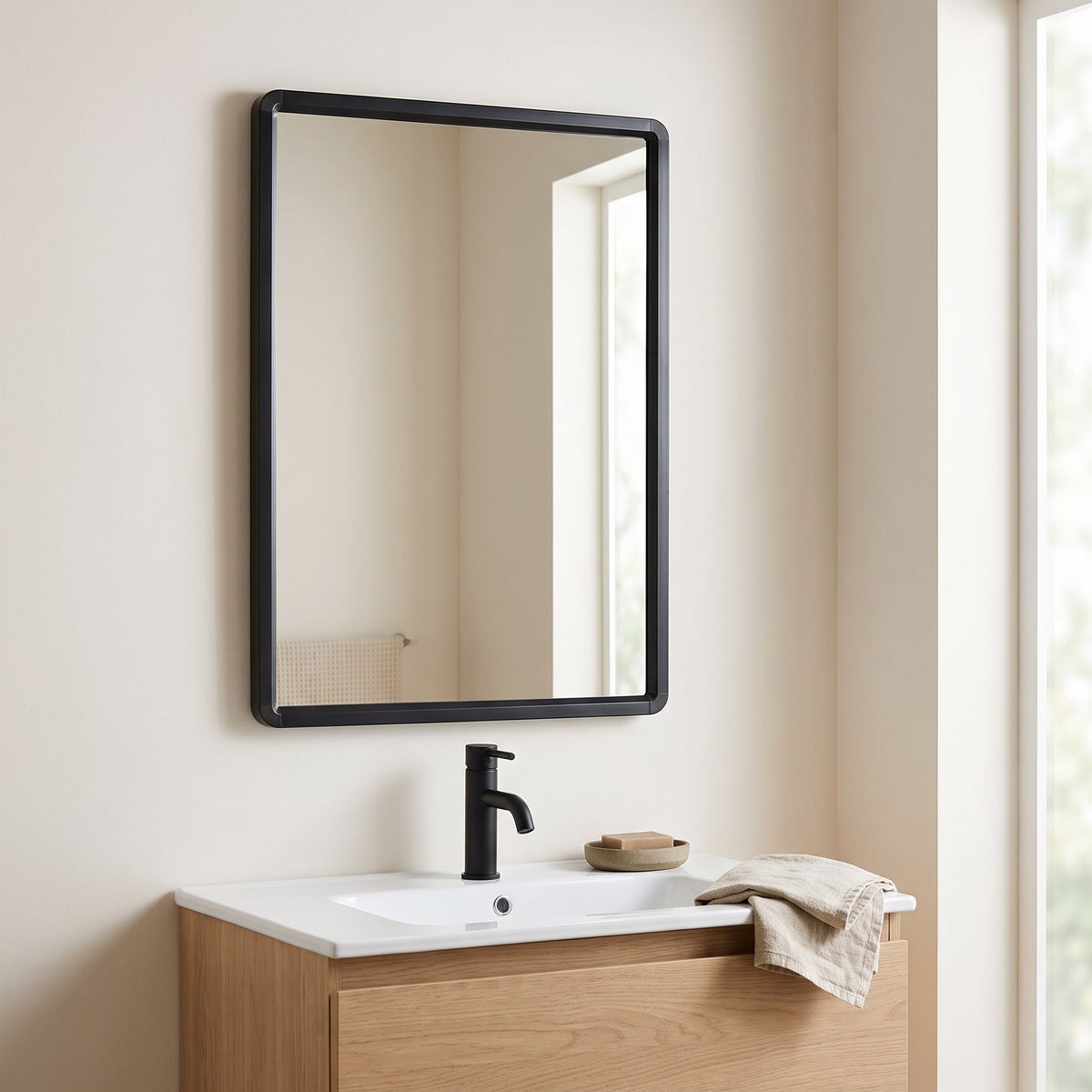 Sabelle black framed mirror above a white basin and oak vanity