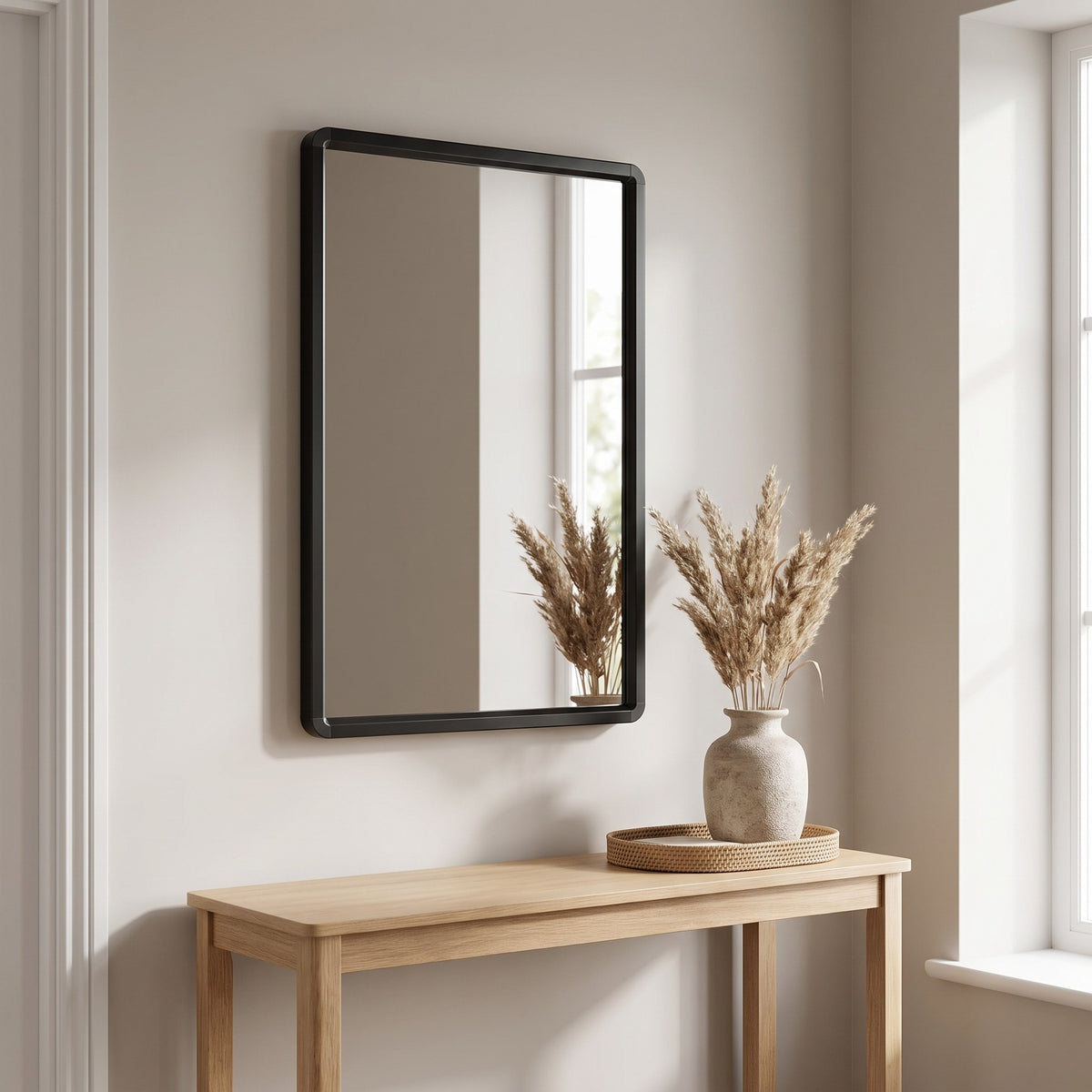 Sabelle black wall mirror above an oak console in a hallway