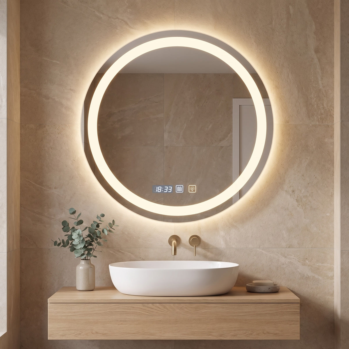 Solvane Double Layer LED mirror above a vessel basin and oak vanity