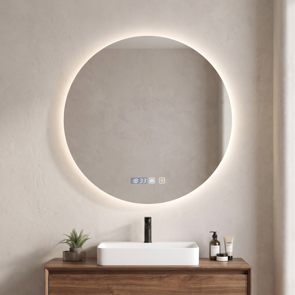 Solvane Single Layer backlit round mirror above a walnut vanity