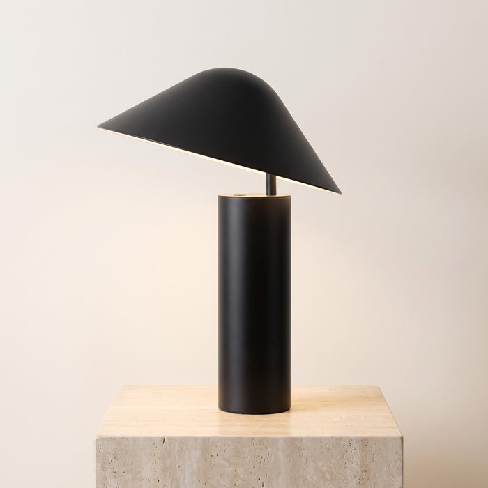 Sorrelle metal table lamp in matte black with tilted dome shade