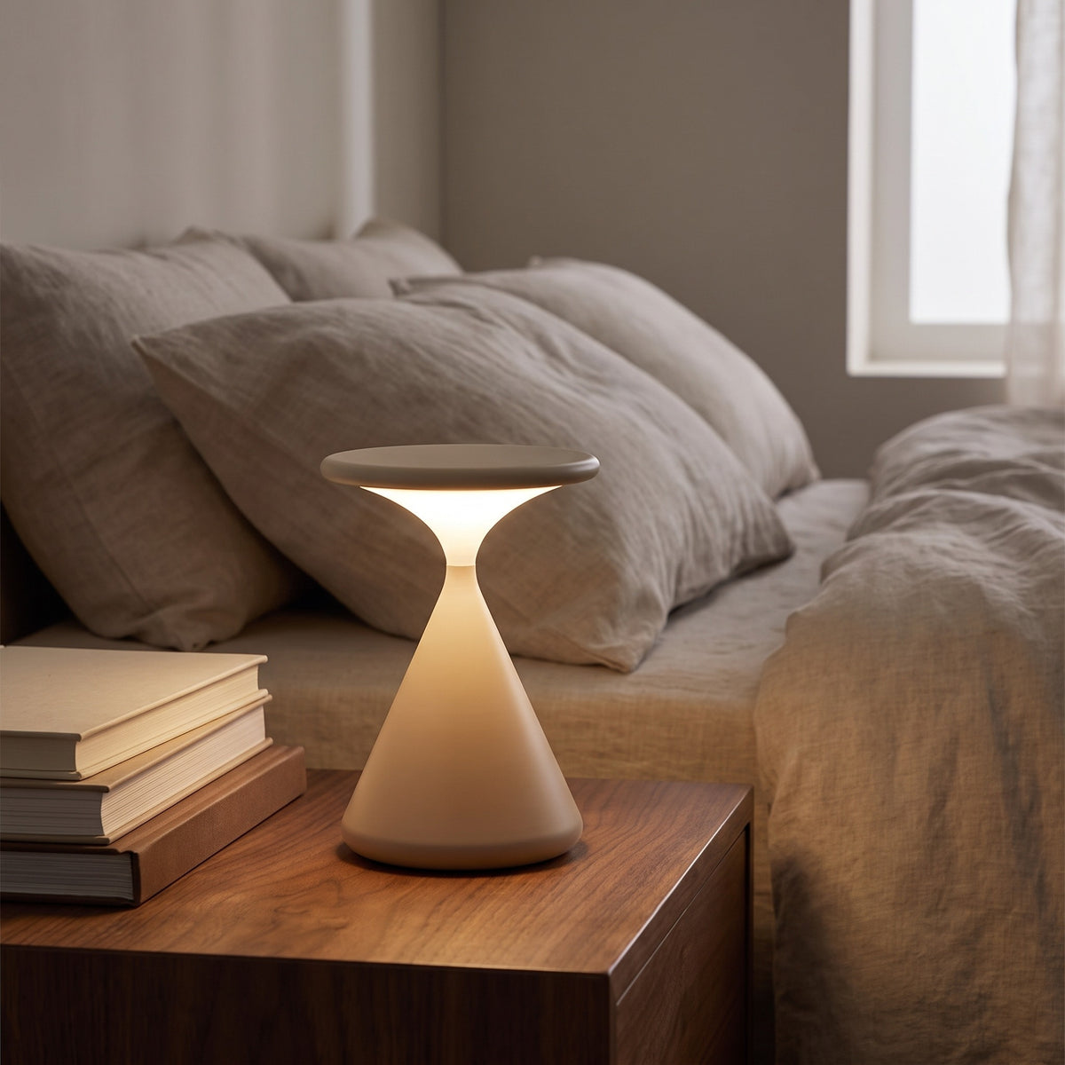 Sand Tempora lamp glowing on a bedside table